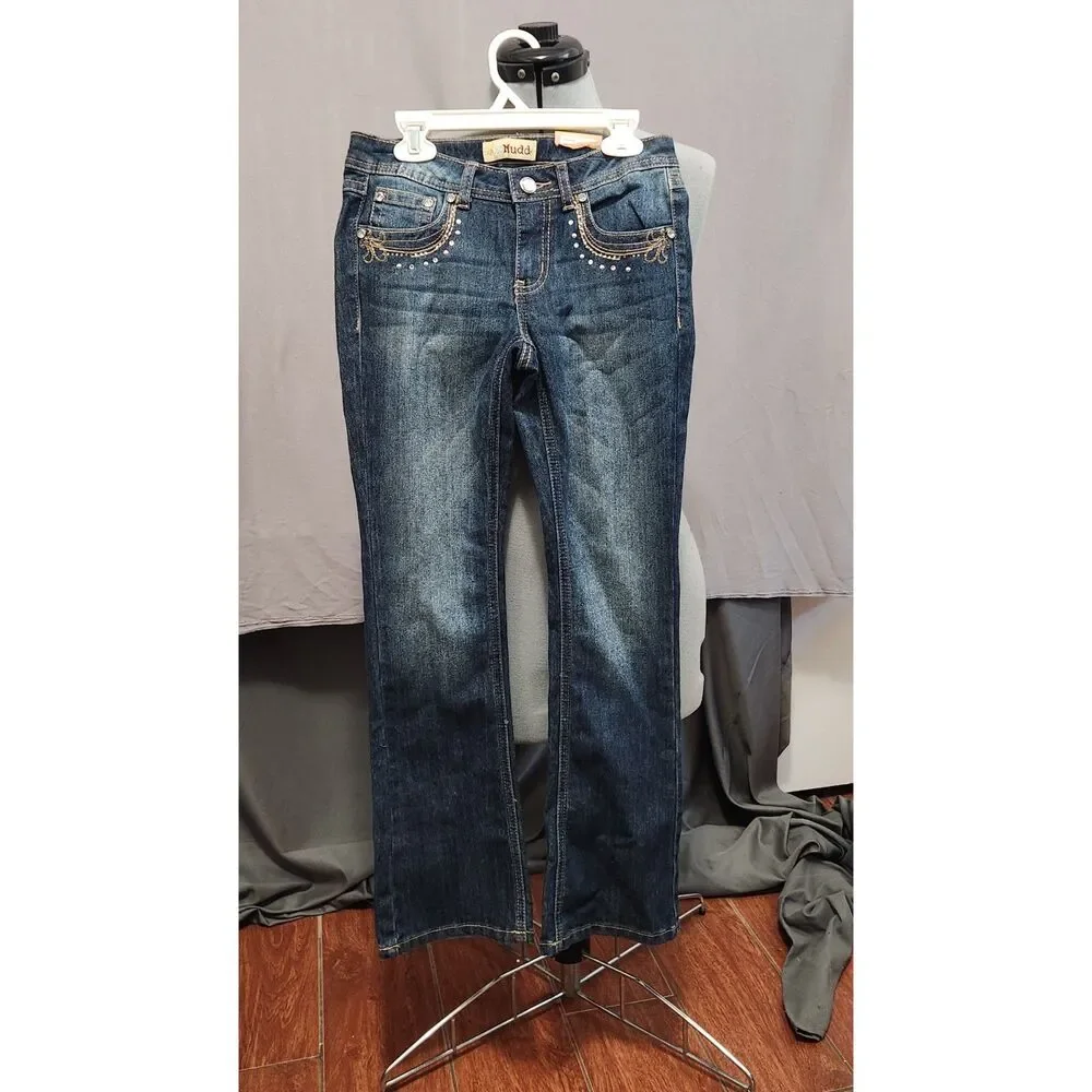 NEW Mudd dark wash bootcut jeans Y2K rhinestone embroidered embellishments sz 10